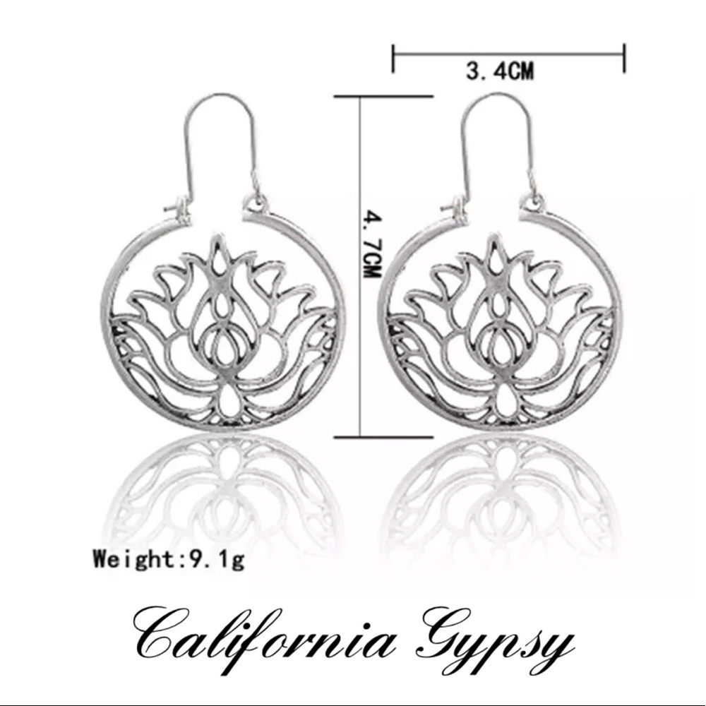 Lotus Boho hippie silver hoop earrings🎋 - Picture 5 of 7